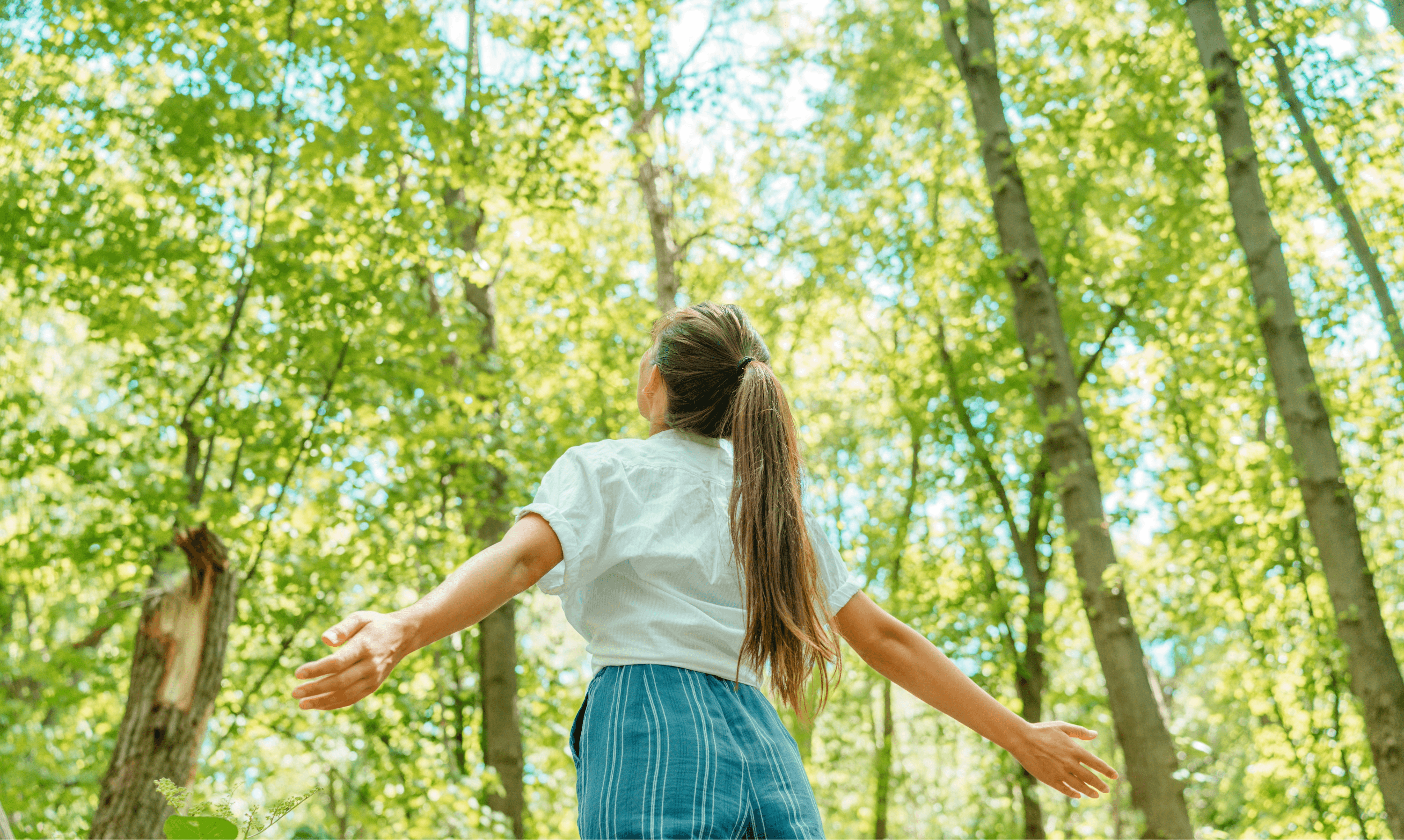 Mujer saludable en el bosque con brazos abiertos